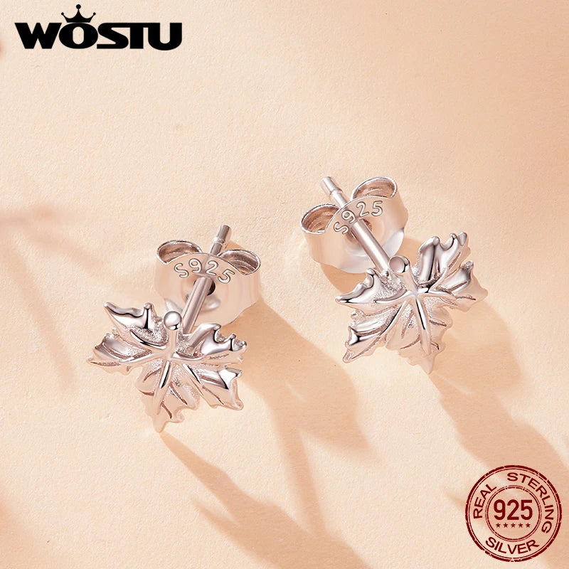 WOSTU 925 Sterling Silver Maple Leaves Stud Earrings For Women , s925 Silver Flower Leaf Studs Thanksgiving Holiday Jewelry Gift
