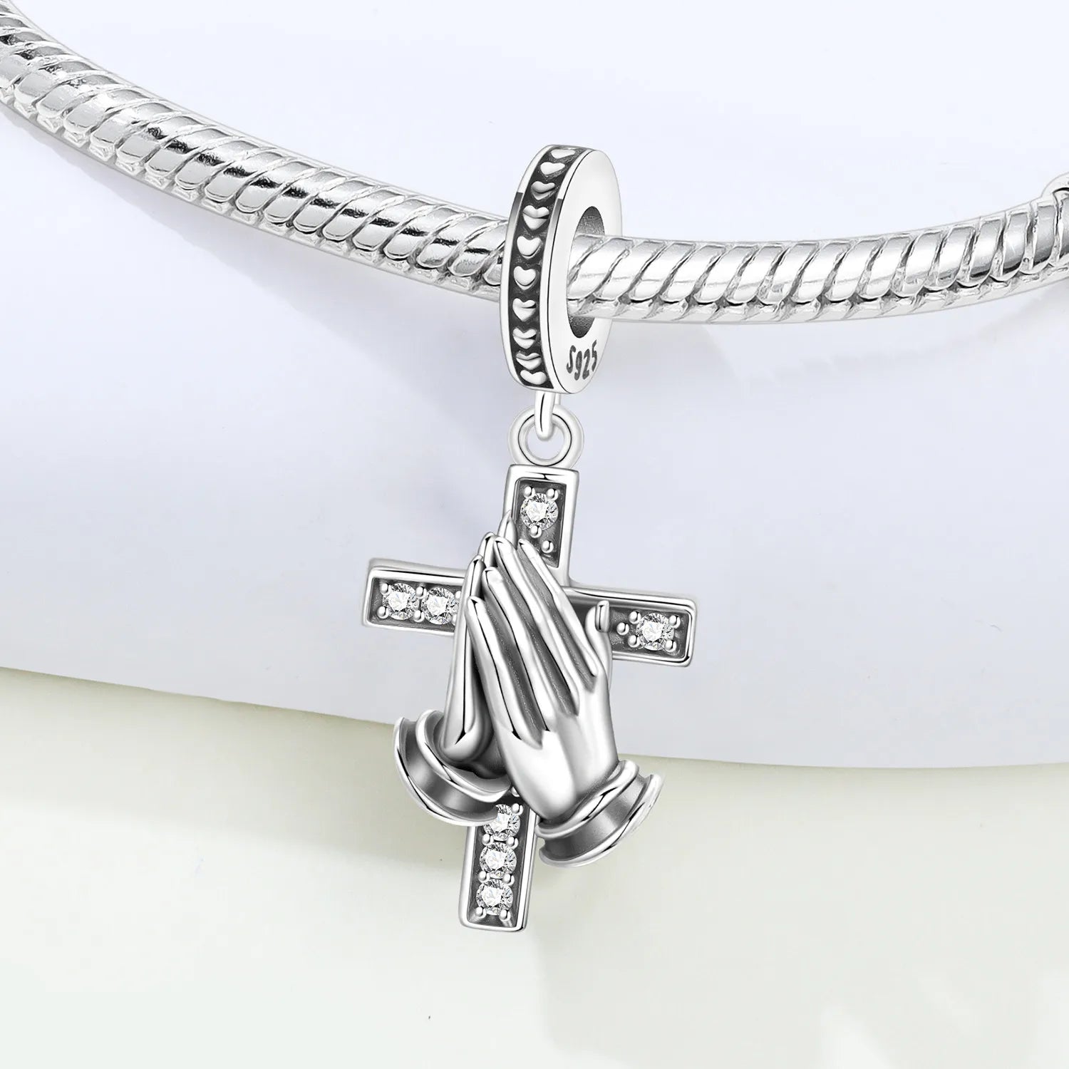 PANPOKI 925 Sterling Silver Prayer Hand Cross Beads Original Pendants Bracelet Charm Jewelry Party DIY Trendy Gifts