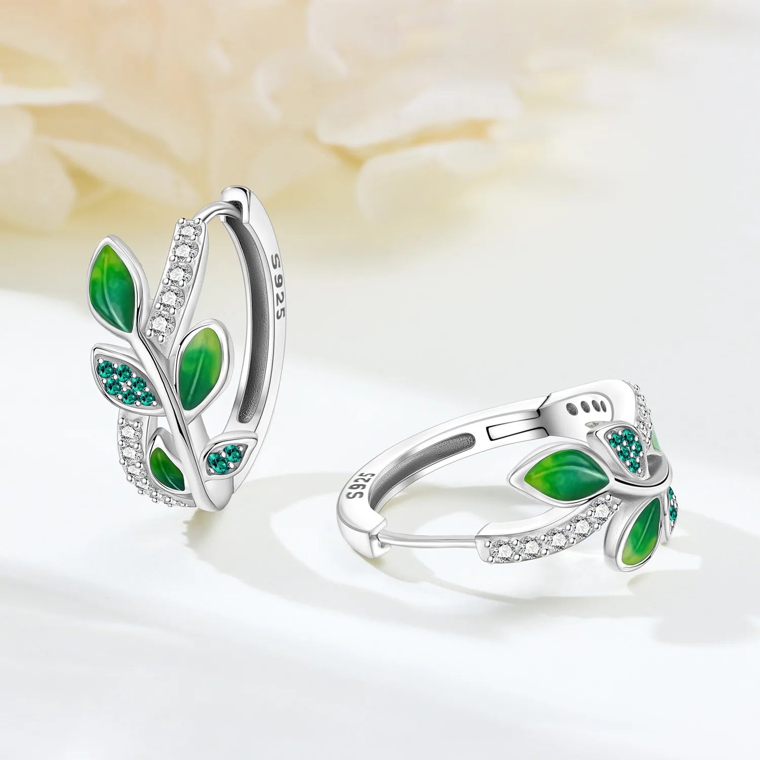 PANPOKI Original 925 Sterling Silver Green Zircon Leaves Earrings Women Hoop Earring Anniversary Jewelry Trendy Gifts