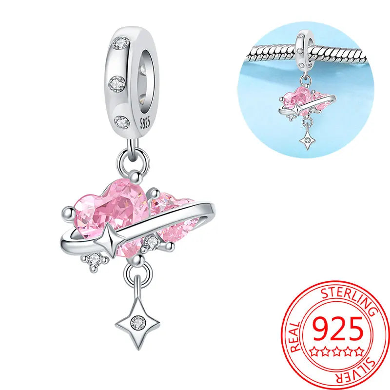 925 Sterling Silver Sparkling Pink Heart Charm Pendant Beads Fit Original Bracelet for Women Valentine Day Jewelry Gifts