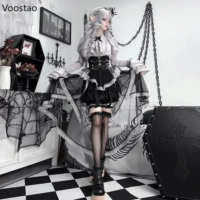 gothic lolita black and white dress Victorian Vintage Gothic Lolita Dress Set Women Punk Y2k Long Sleeve Shirt Lace Ruffle Black Skirt Halloween Cosplay Party Dress Skirt / S
