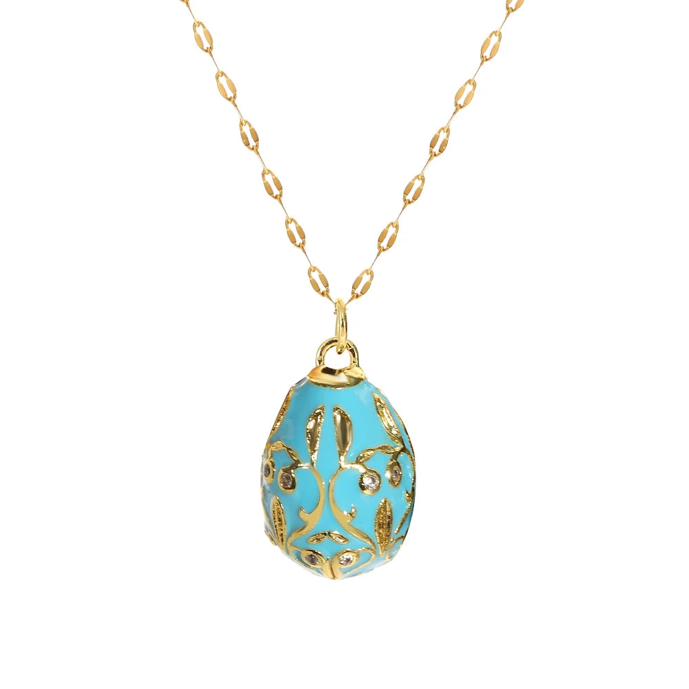 AENSOA Colorful Enamel Easter Egg Pendant Necklaces for Women Guilloche Locket Egg Rhinestone Charm Necklace Gold Color Jewelry