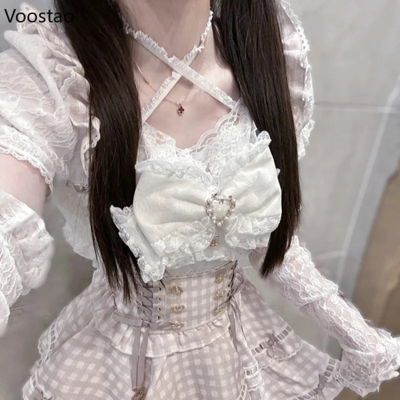 Japanese Gothic Lolita Style Rhinestone Bow Dress Shorts Set Women Sweet Cute Slim Plaid Strap Dress Elegant Kawaii Y2k Outfits