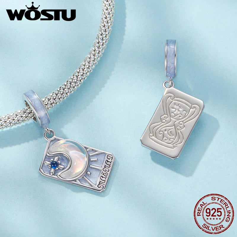 WOSTU 925 Silver Sun Moon Star Tarot Cards Charm Red Queen Tarot Pendant Fit Original DIY Bracelet Necklace Birthday DIY Jewelry