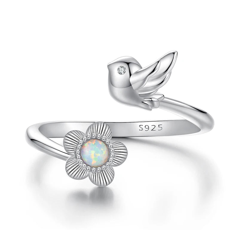 BAMOER 925 Sterling Silver Flower Bird Open Ring for Women, Cute Animal Jewelry Gift Fashion Birthday Graduation Gift BSR658-E