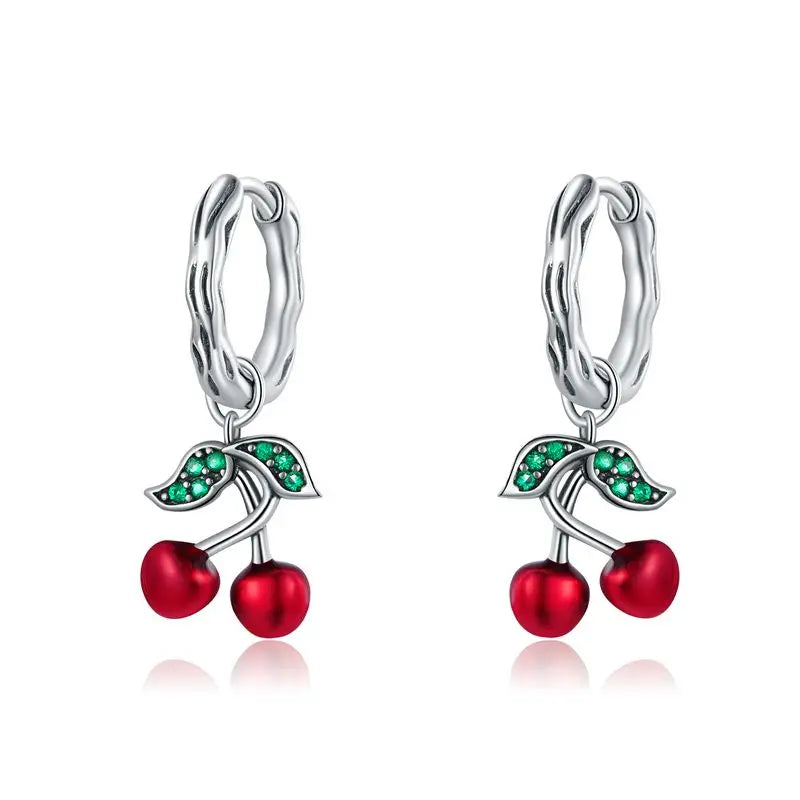WOSTU 925 Sterling Silver Cherries Earring Strawberry Piercing Red Apple Banana Fruit Cute for Women Birthday Daily Fine Jewelry