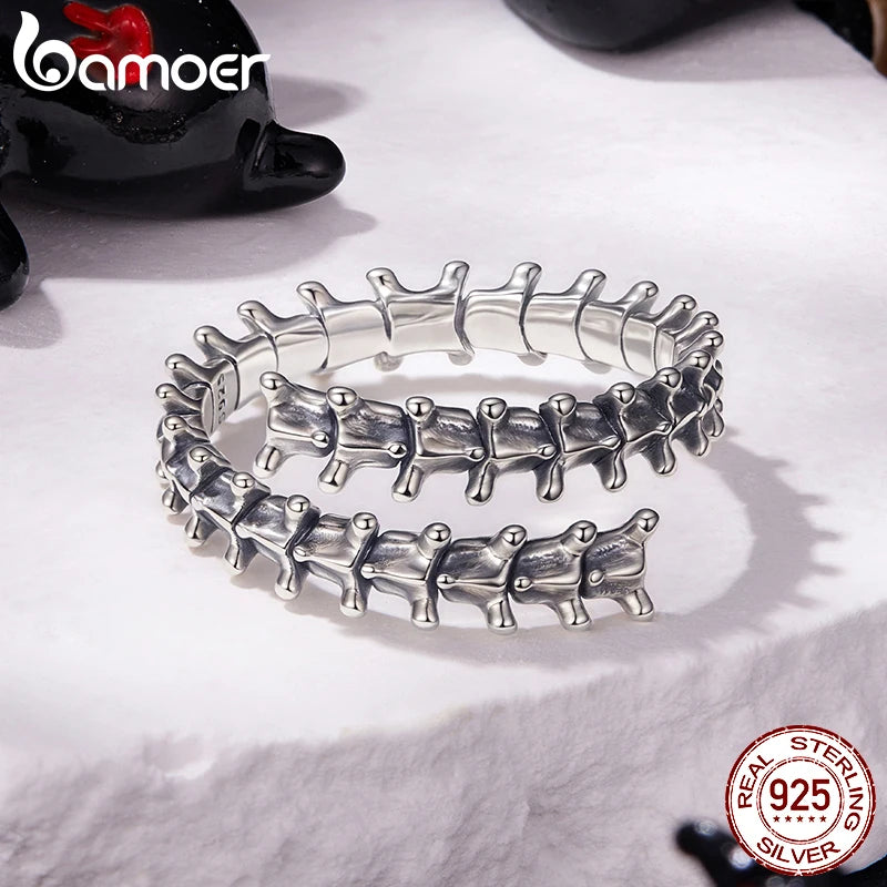 Bamoer 925 Sterling Silver Bold Spine Open Ring Adjustable Vintage Ring for Punk Women Dark Aesthetics Halloween Jewelry Gift
