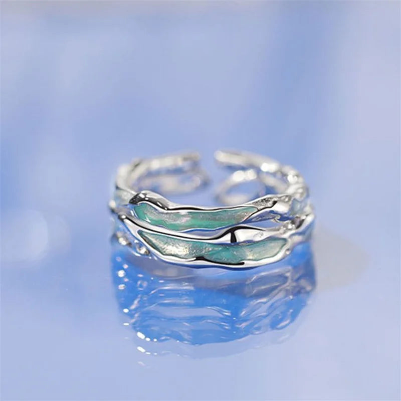 Fresh Green Irregular Ripple Dropped Adhesive Open Ring For Men Jewelry Trendy 925 Silver Couple Rings Male Finger Accessories