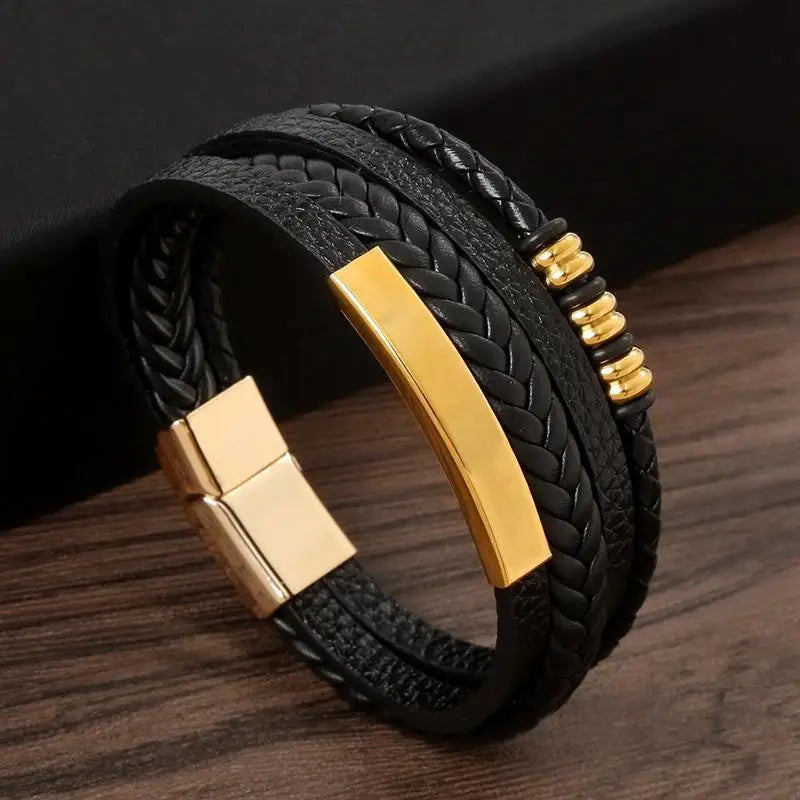 Punk Men Leather Bracelet with Stainless Steel Magnetic Clasp Braided Mutilayer Leather Wrapping Bangles Man Jewelry Gift