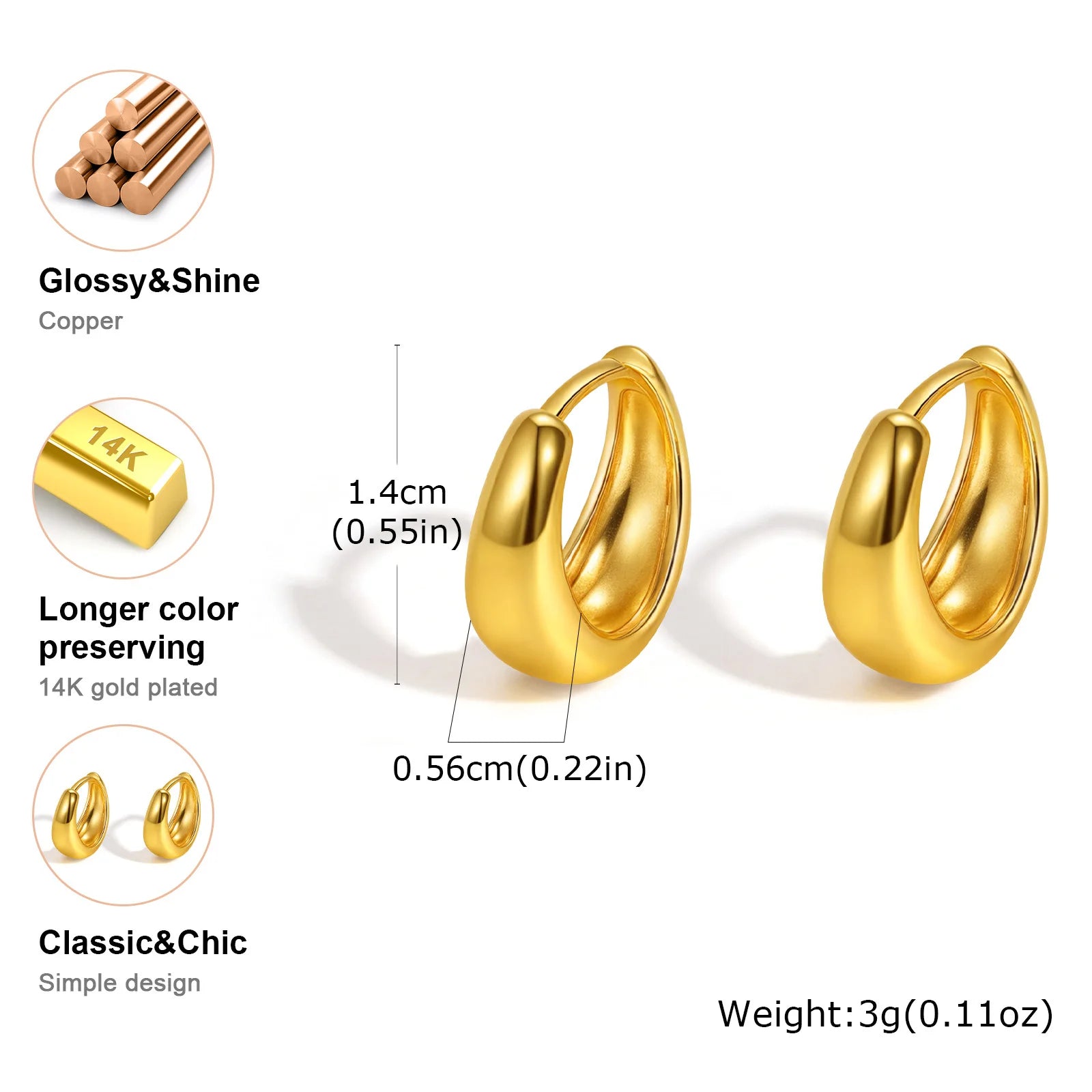 Vnox 2025 New Daily Simple Womens Hoop Earrings, Gold Plated Smooth Metal Huggies Earrings, Minimalist Fashion Jewelry