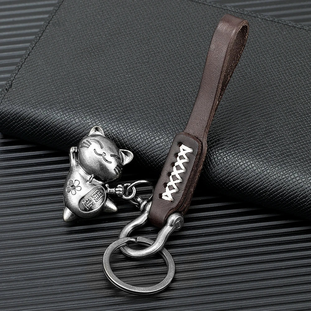 MKENND Personalized Premium leather Car keychain Lucky Cat Horseshoe Shackle Carabiner Hook Backpack Buckle Handmade Gifts