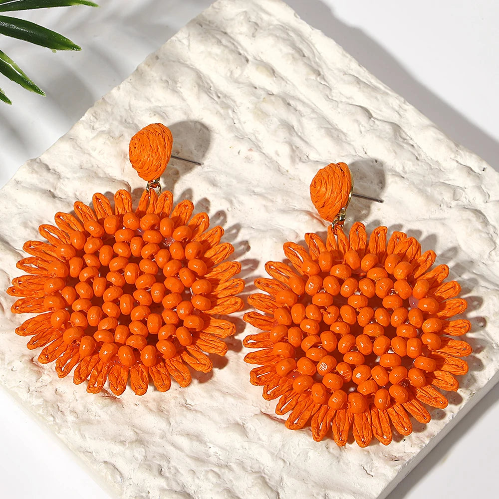 AENSOA Bohemian Raffia Wood Beaded Flower Drop Earrings for Women Handmade Rattan Knit Floral Earrings Summer Beach Jewelry