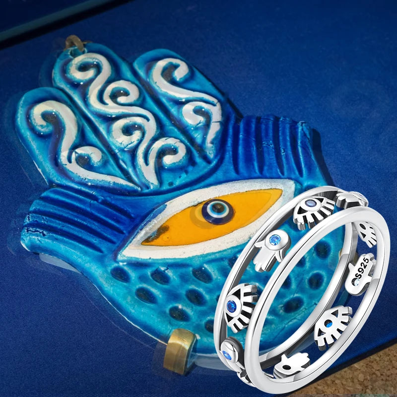 BISAER 925 Sterling Silver Blue Evil Eyes & Hand Fatima Ring Hollow Symbol Lucky Band For Women Party Original Fine Jewelry Gift