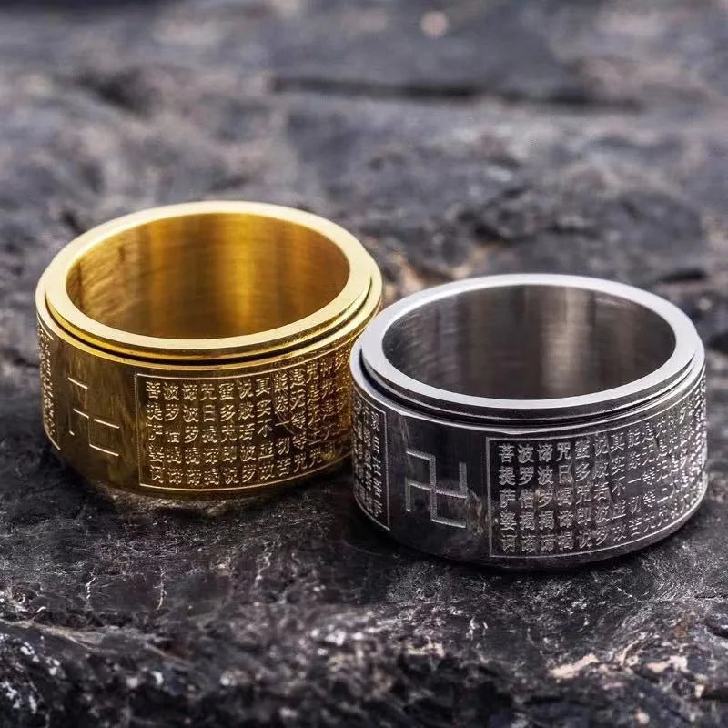 Bague tournante Manji Swastika Sutra du Cœur pour homme, en acier inoxydable, accessoire bouddhiste, bijou de créateur, cadeau bouddhiste