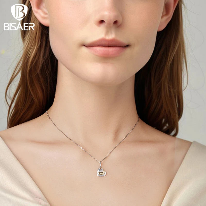 BISAER 925 Sterling Silver Eternal Love Charm Bead Two-tones Heart Pendant for Women DIY Bracelet & Neckalce Fine Jewelry Gift