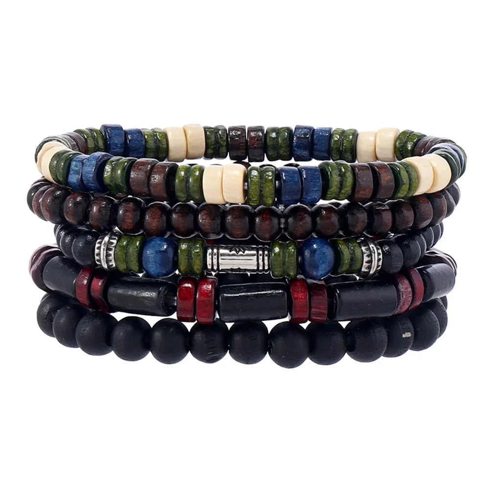 Vintage Cross Multi-Layer Beaded Wooden Beads Men's Bracelet Multi-Piece Set Bracelet