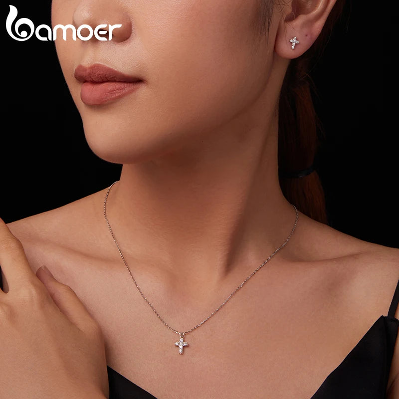 BAMOER White Gold Plated Moissanite Cross Earrings for Women, 925 Sterling Silver Small Religious Faith Cross Studs Huggies