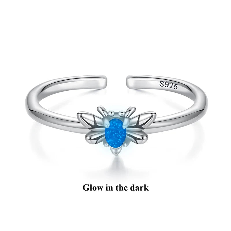 WOSTU  925 Sterling Silver Luminous Dragonfly Bee Ring Women Rainbow Glow in DarK Kunzite Open Rings Party Jewelry Birthday Gift