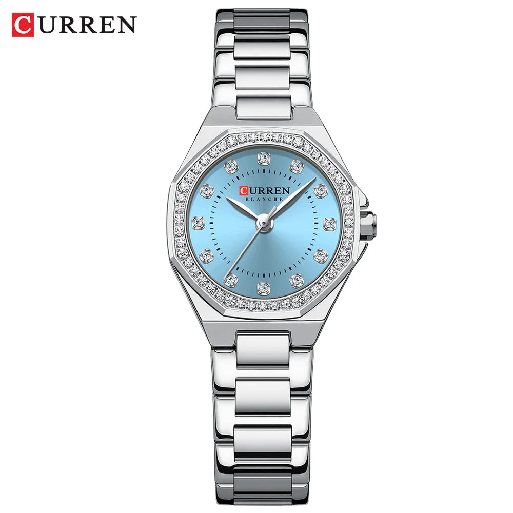 CURREN Luxury Elegance Watch for Women Simple Quartz Wristwatches with Sparkling Rhinestones Stainless Steel Bracelet Waterproof