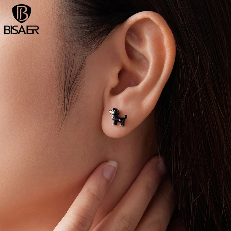 BISAER 925 Sterling Silver Cute Border Collie Stud Earrings Pet Dog Enamel Proces Stud Ear for Women & Girl Party Fine Jewelry