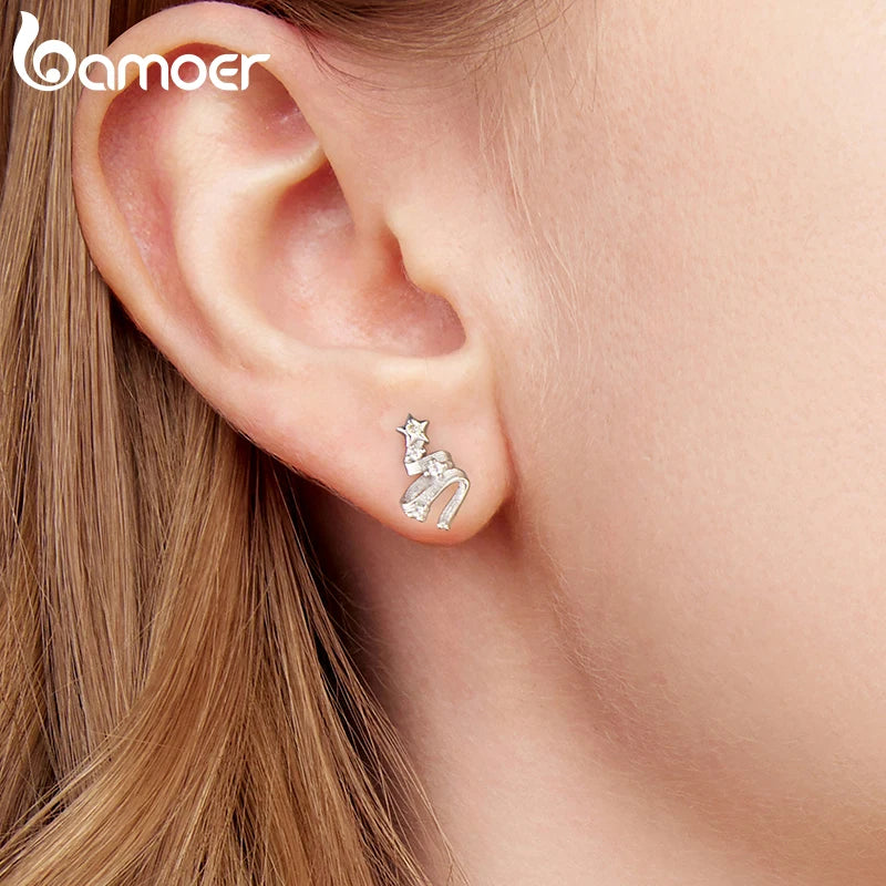 BAMOER 925 Sterling Silver Christmas Tree Stud Earrings, Curved Texture CZ Star Earrings for Women Teens Lovely Xmas Gift