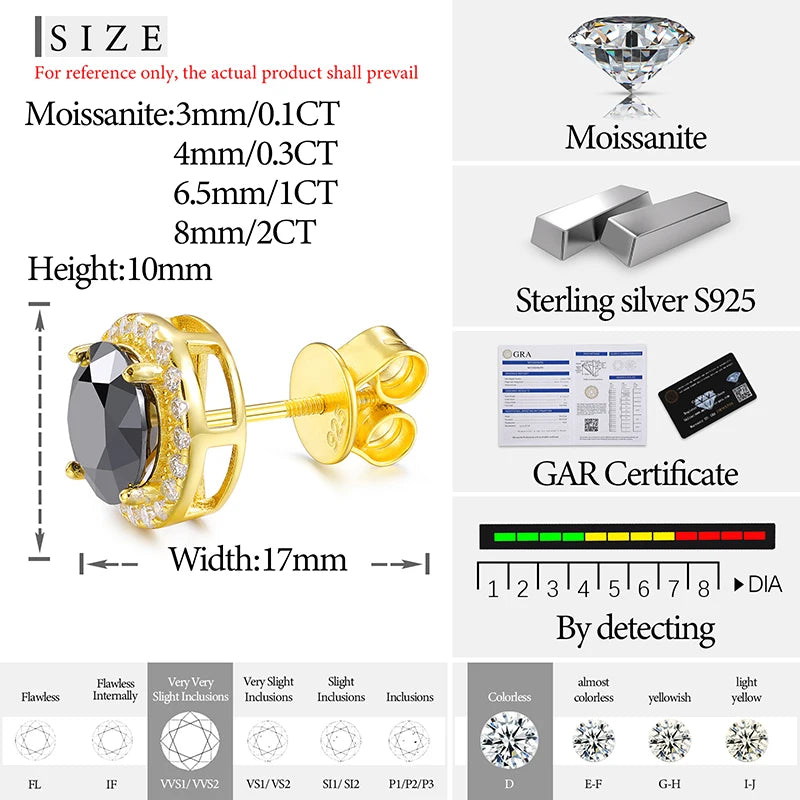 Classic Round Black Moissanite Earring Silver 925 For Women Jewelry 100% Sterling Silver Fashion Fine Jewelry Earrings Gift