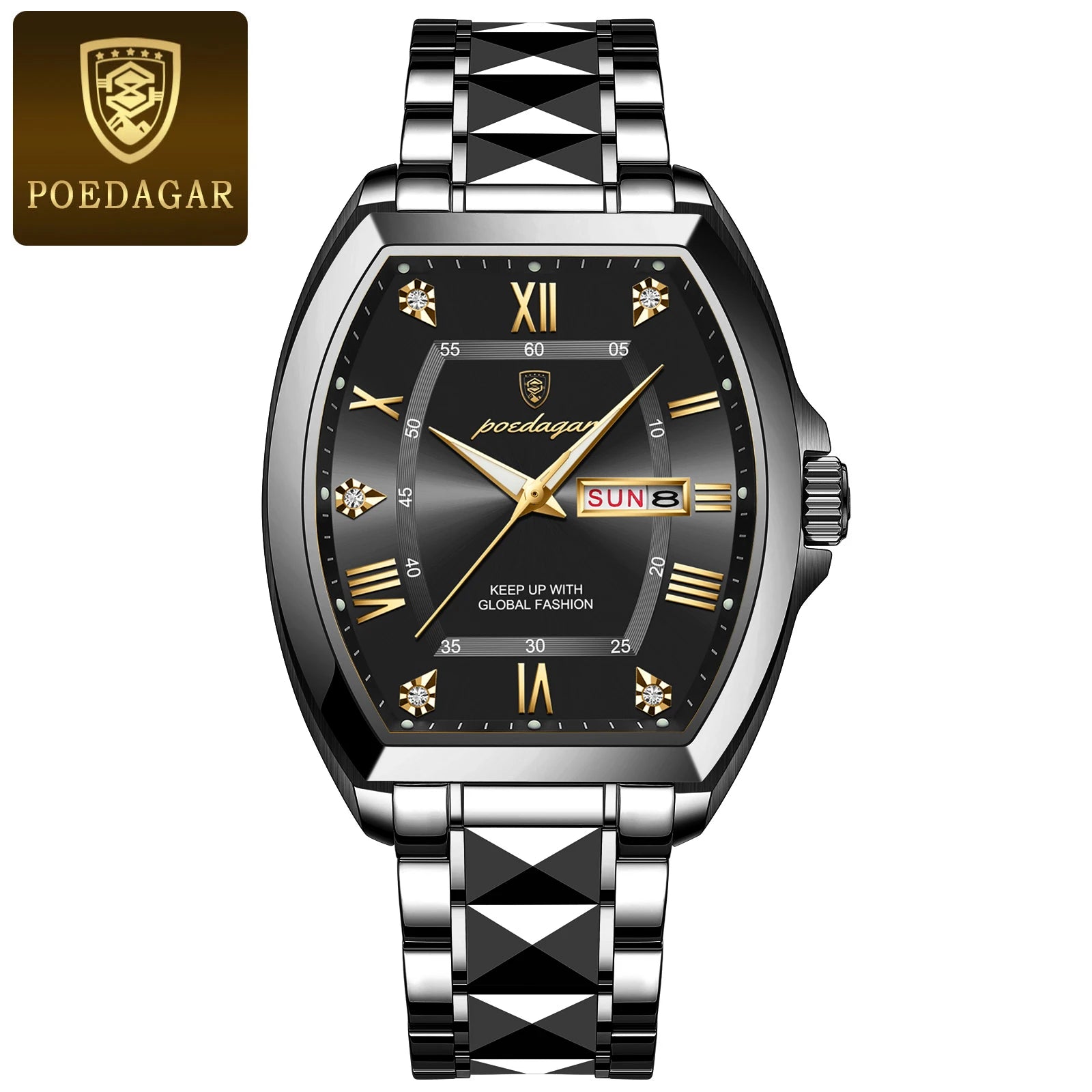 POEDAGAR Luxury Stainless Steel Watches for Man Luminous Waterproof Date Week Men Watch Tonneau Case Men's Quartz Watches Reloj