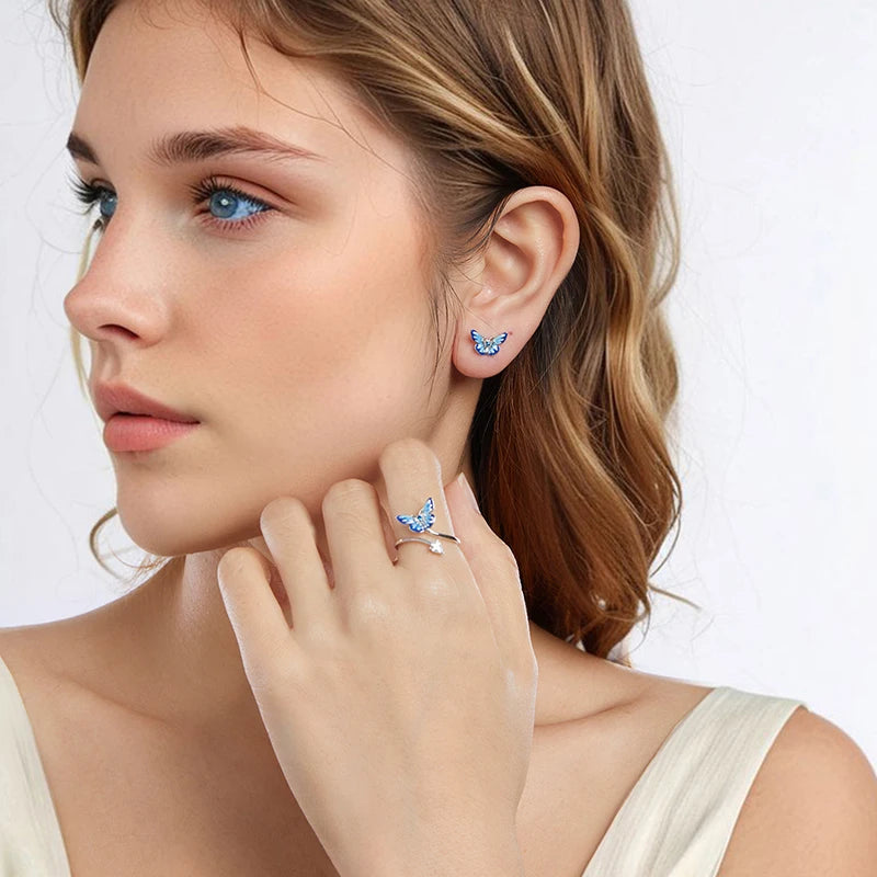 WOSTU 925 Sterling Silver Blue Butterfly Stud Earrings Open Ring For Women Wedding Engagement Fine Jewelry Set Girl Party Gift