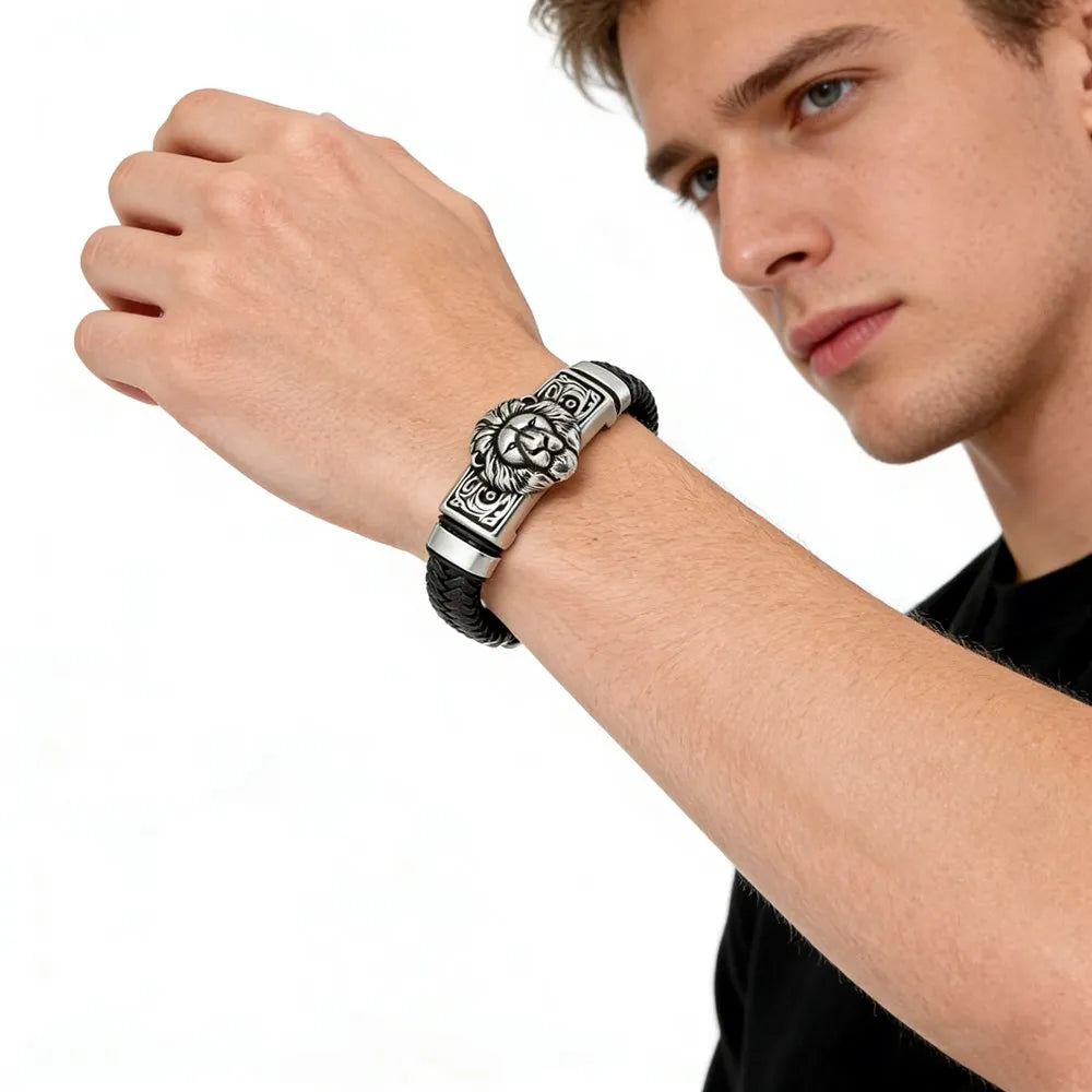 MKENDN Punk Lion Men Braided Genuine Black Leather Bracelet Stainless Steel Magnetic Buckle Bracelet Gifts Homme Pulseras