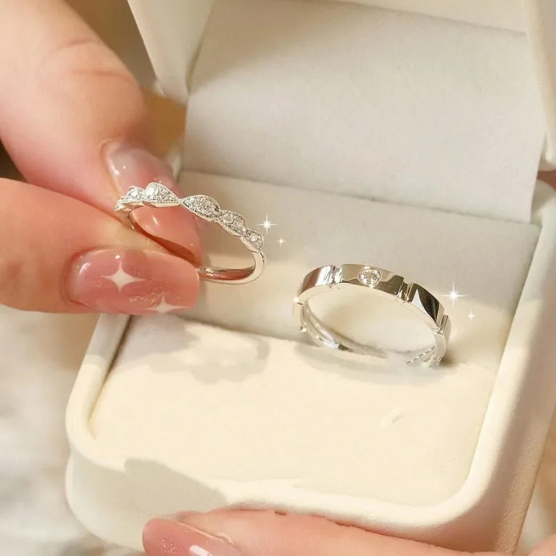 Koreanischer Luxus-Zirkon-Partnerring für Damen und Herren, silberplattiert, mit Herzmotiv, verstellbar, offener Ring, Schmuck für Hochzeitstag