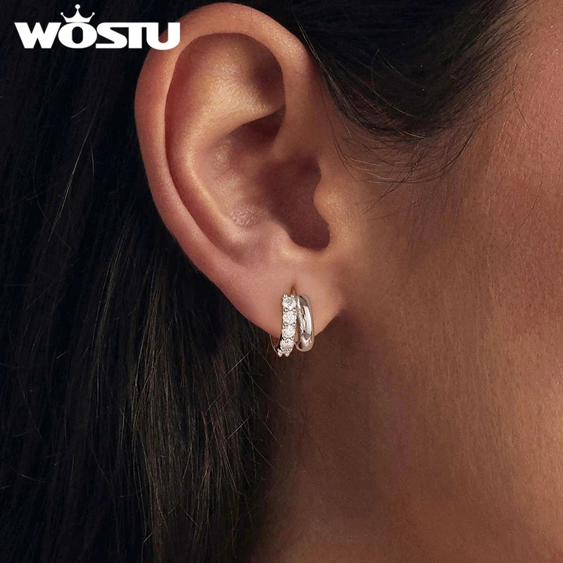 WOSTU Double-layer Moissanite Huggies Earrings For Women , 925 Sterling Silver 18K Gold Diamond Cut Sparkling Circle Earrings