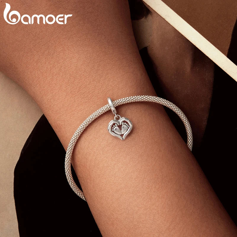 BAMOER 2025 New Solid 925 Sterling Silver Family Heart Charm fit Original Bracelet DIY Jewelry Accessories bamoer Beads SCC3046
