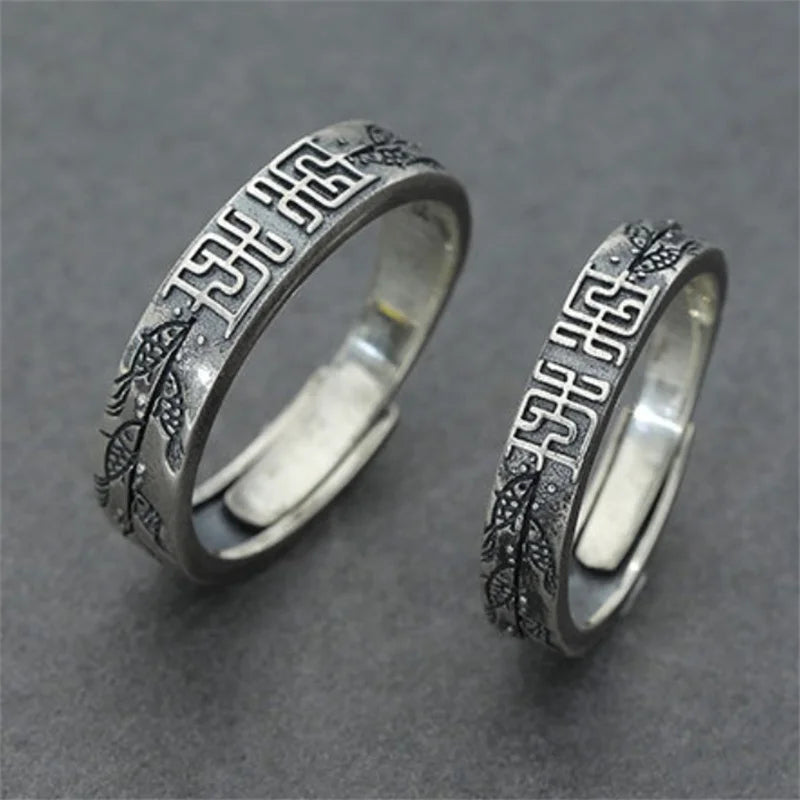 Bague rétro en argent sterling 925 avec motif de poisson sculpté, cadeau d'anniversaire pour couple, bijou tendance pour homme et femme, ajustable