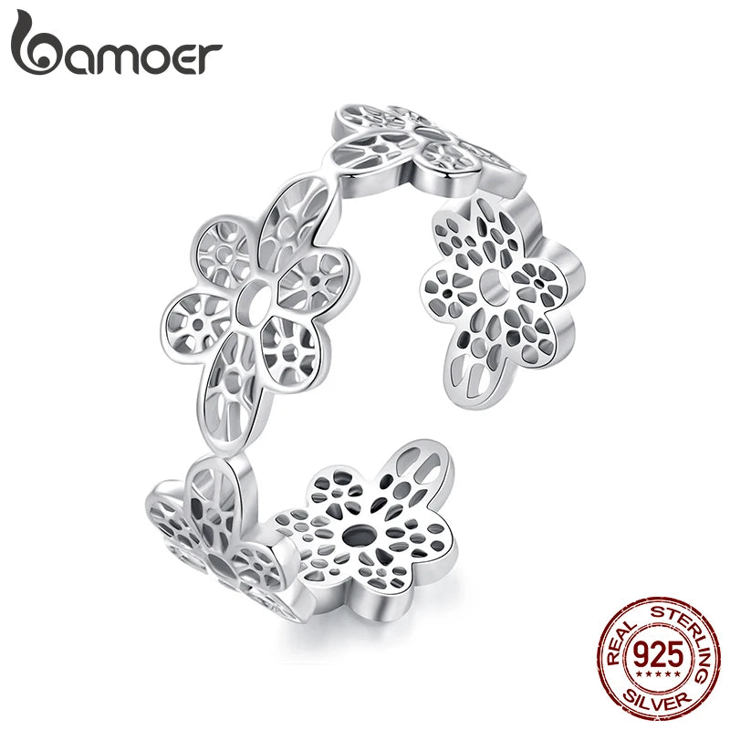 BAMOER 925 Sterling Silber Spitzenblumenring, verstellbar, zierlich, offener Daumenring für Damen, SBSR660-E