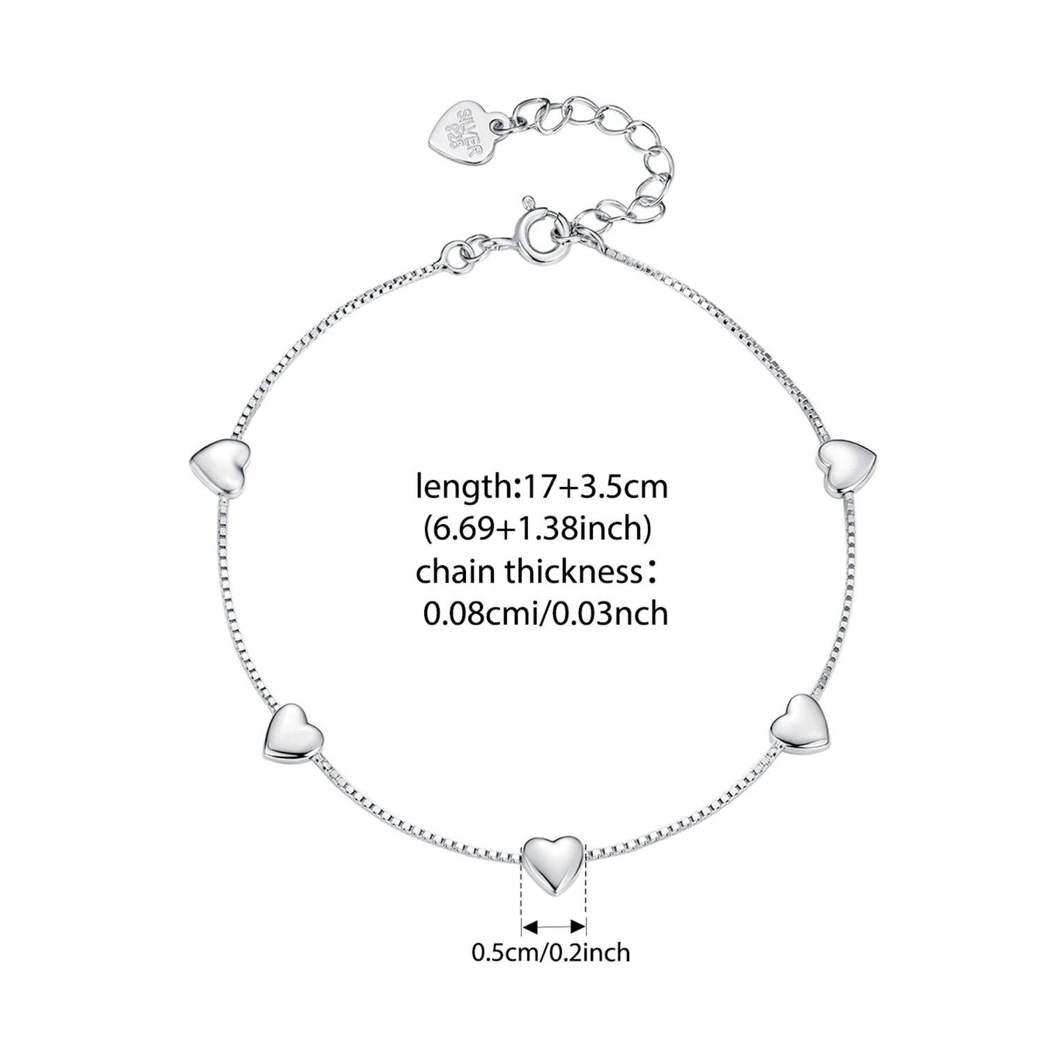 BAMOER  925 Sterling Silver Adjustable Heart Bracelet Dainty Box Chain Bracelet for Women Teen Girls Sweet Birthday Gift