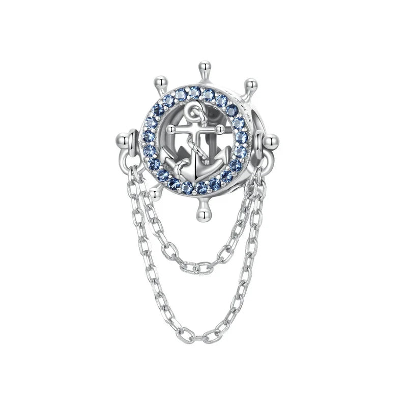 Bamoer 925 Sterling Silver Compass Pendant Enamel Blue Full Circled Zircon Beads for Women DIY Necklace Accessories Crystal Gift