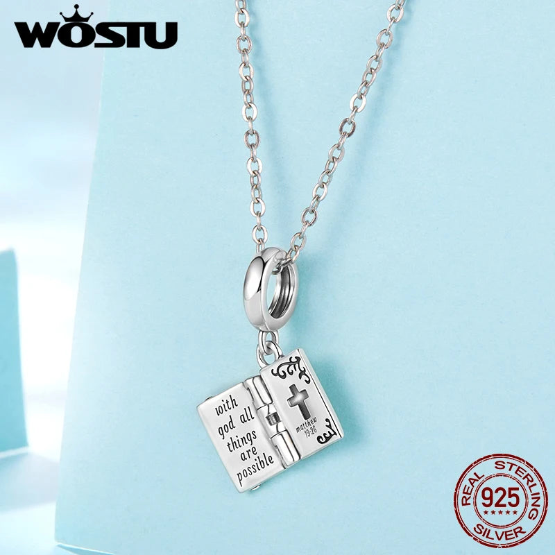 WOSTU 925 Sterling Silver Religious Openable Bible Book Charm Cross Faith Pendant Celtic Knot bead Fir Bracelet DIY Family Gift
