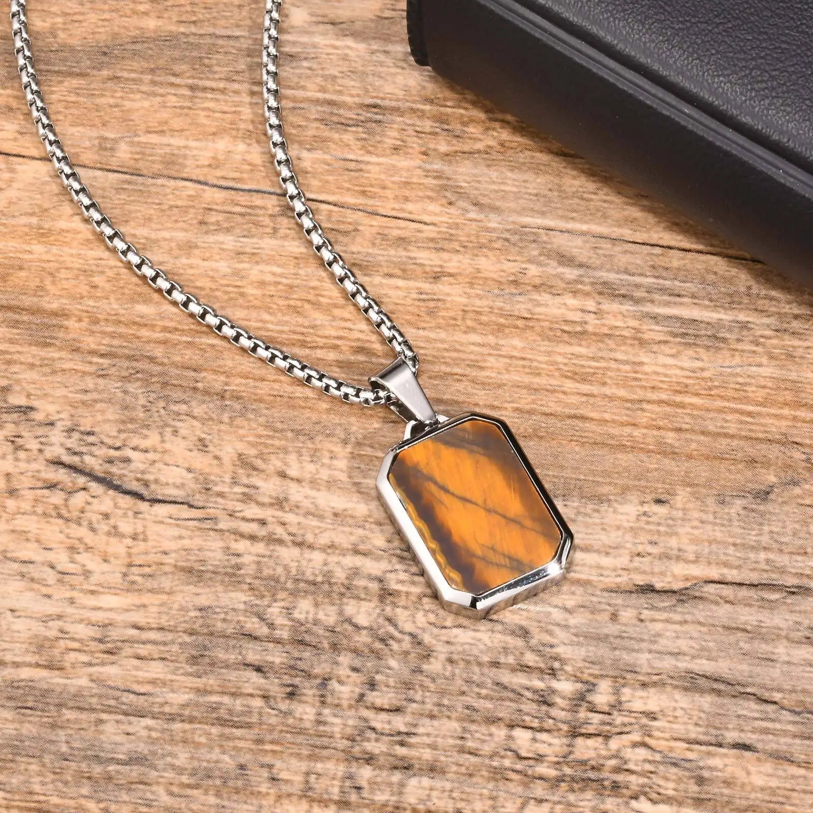 Vnox Mens Geometric Pendant with Natural Stone Necklaces, Vintage Square Tiger Eye Collar, Casual Simple Fashion Male Accessory