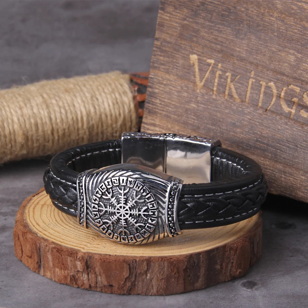 Viking Vegvisir Rune Compass Faux-Leather Bracelet
