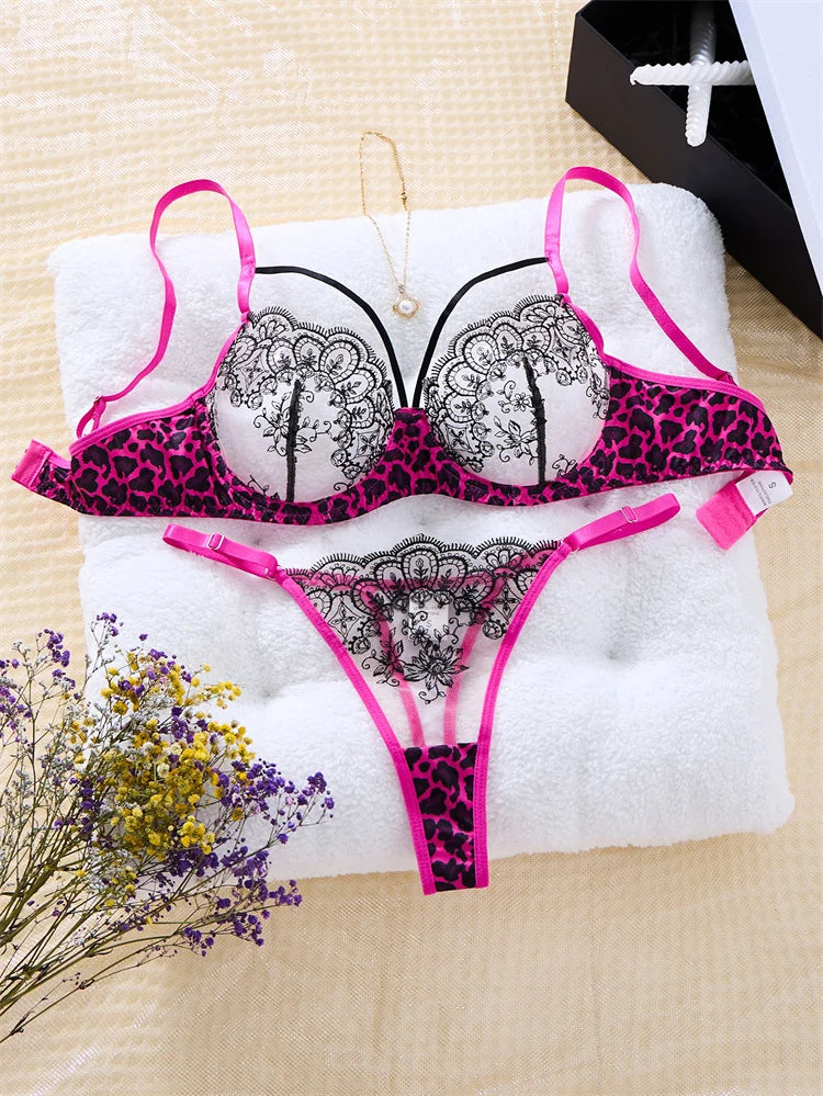 Lingerie Sexy Hot Female Lace Underwear Transparent Bra Panty Set Three-point Underwear Pure Desire Leopard Print Lingerie Set