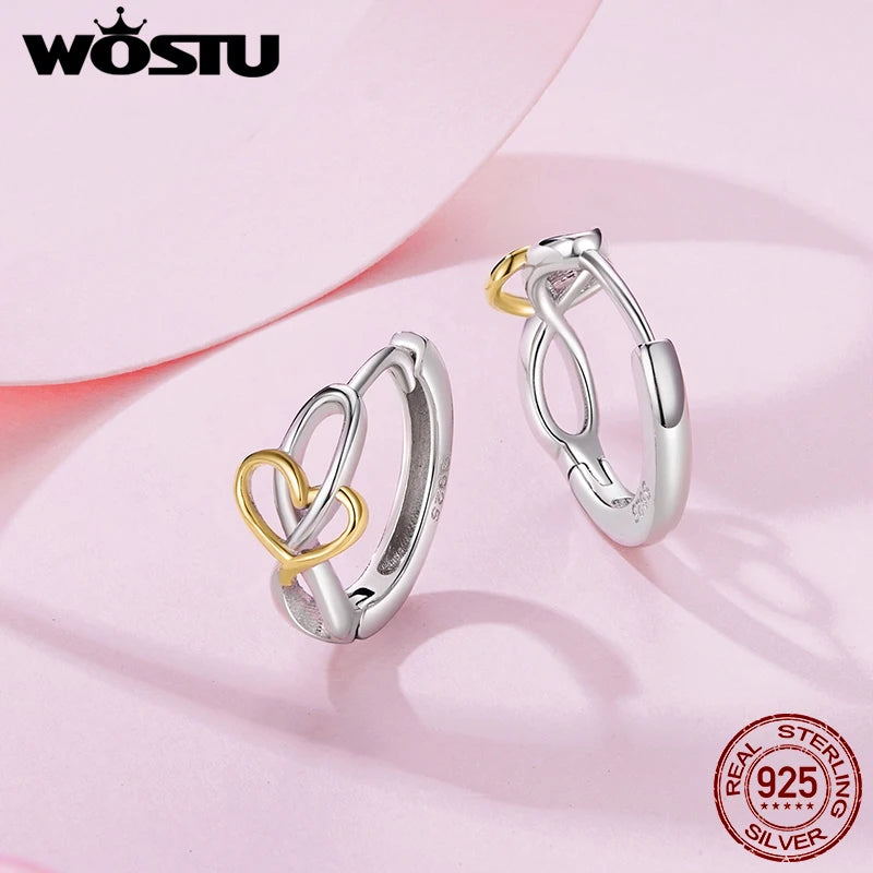 WOSTU Two Tone Gold 925 Sterling Silver Gold Heart Huggies Earrings For Women Lovely Ear Hoops Fine Jewelry Gift
