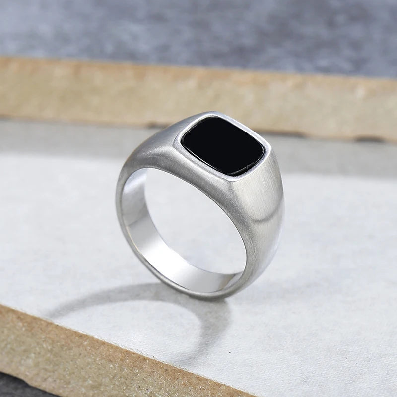 MKENDN Men's Classic Stainless Steel Polished Ring Black Square Zircon Ring Retro Rock Hip Hop Street Party Jewerlry Accessories