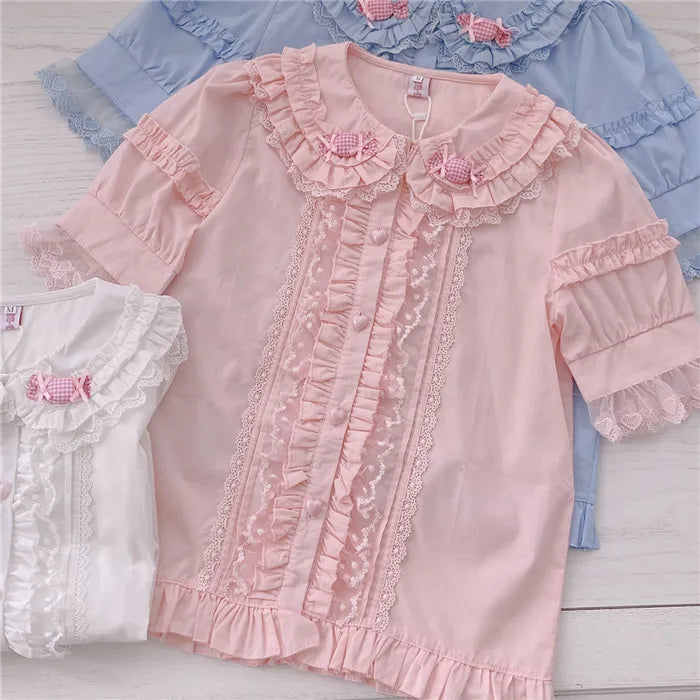 Japanese Cute Lolita Blouses Women Kawaii Candy Peter Pan Collar JK Shirt Tops Girls Sweet Lace Ruffles Puff Sleeve Chic Blouse