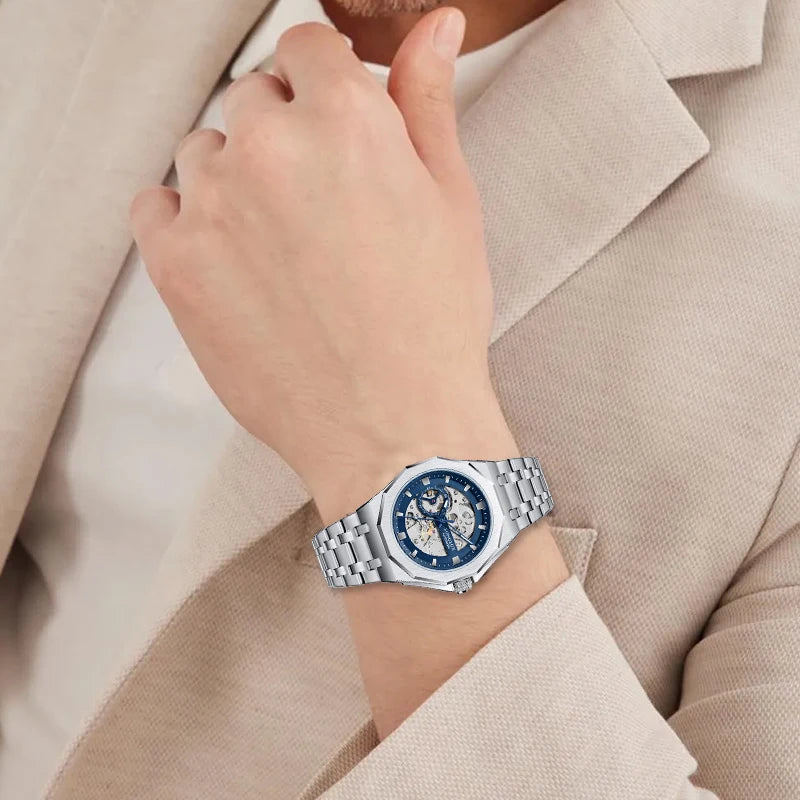 LONGLUX Men automatic watch luxury mechanical watches waterproof skeleton fashion business wholesale stainless steel gift watch