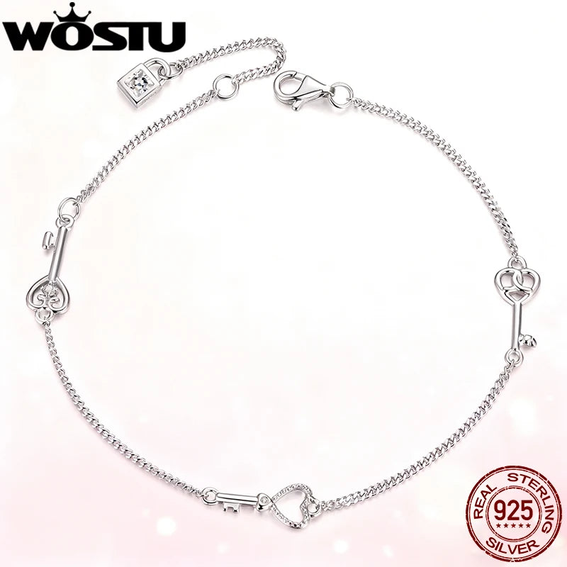 WOSTU 925 Sterling Silver Key Lock Charm Bracelet for Women With Zircon, Dainty Adjustable Hand Chain Jewelry for Romantic Gift