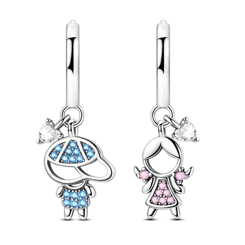 New Earring For Women 925 Silver Sparkling Butterfly Bear Pink Heart Princess Double Hoop Earrings Luxury Party Jewelry