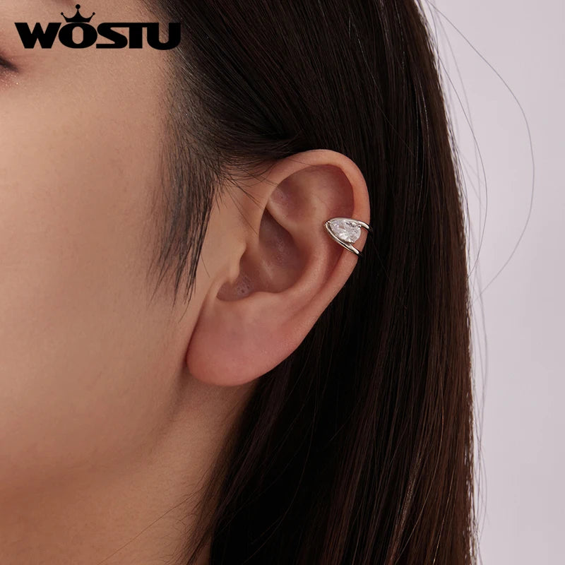 WOSTU 925 Sterling Silver Original Ear Cuff with Large Solitaire Pear Zirconia, Helix Ear Cuff for Women Elegant Dainty Gift