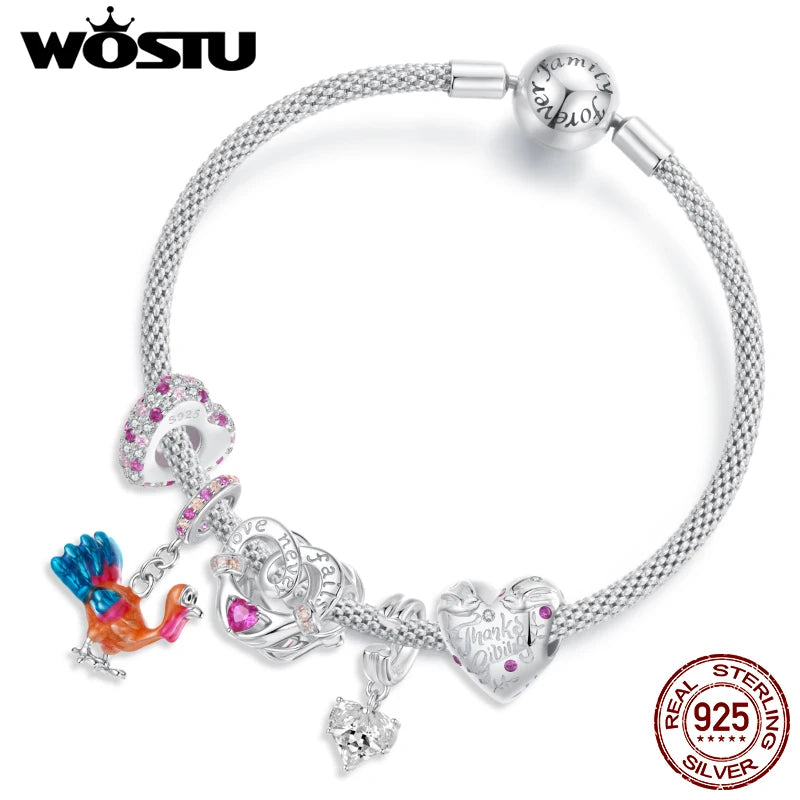 WOSTU 925 Silver Thanksgiving Colorful Turkey Pendant charm Heart Silicone Spacer Beads Fit for Bracelet Making Unique DIY Gift