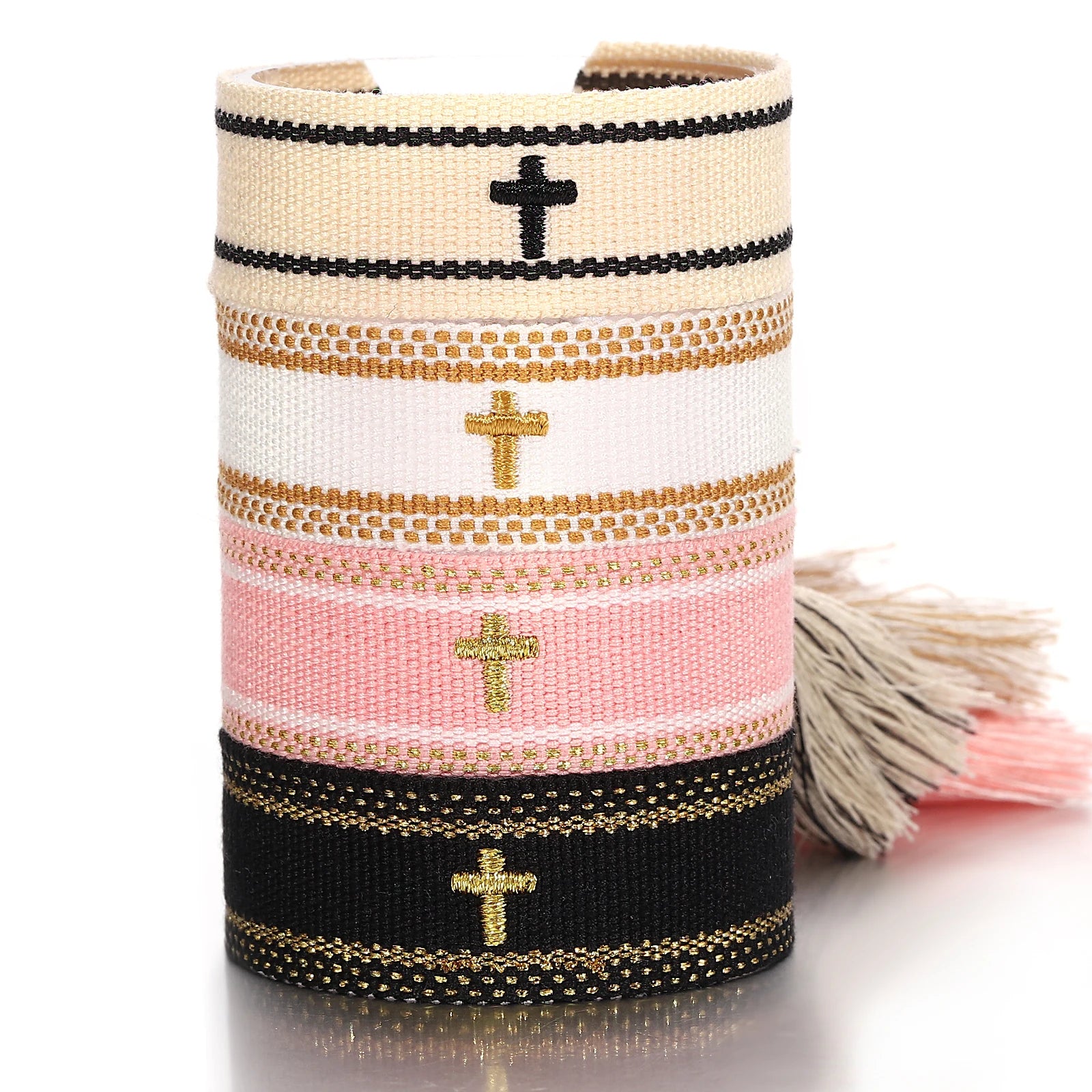 ANESOA Cross Stitch Wrist Strap Bohemia Hand-woven Tassel Bangle For Women Embroidery Personality Cotton Rope Webbing Bracelet