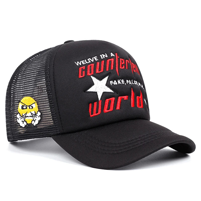 2026 New Creative Baseball Hat World Letter Anger Embroidered Hip Hop Hat Outdoor Daily Sunshade Hat Unisex Breathable Mesh Hat